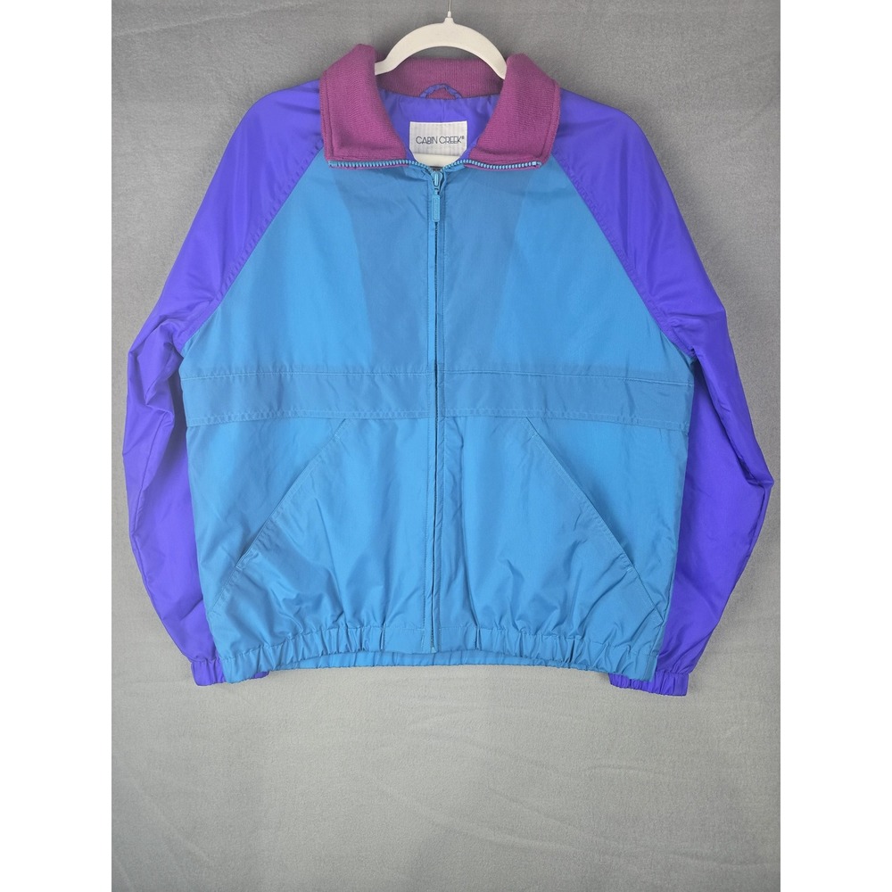 VTG 80s Cabin Creek Windbreaker Women Medium Blue Purple Colorblock Retro Sporty
